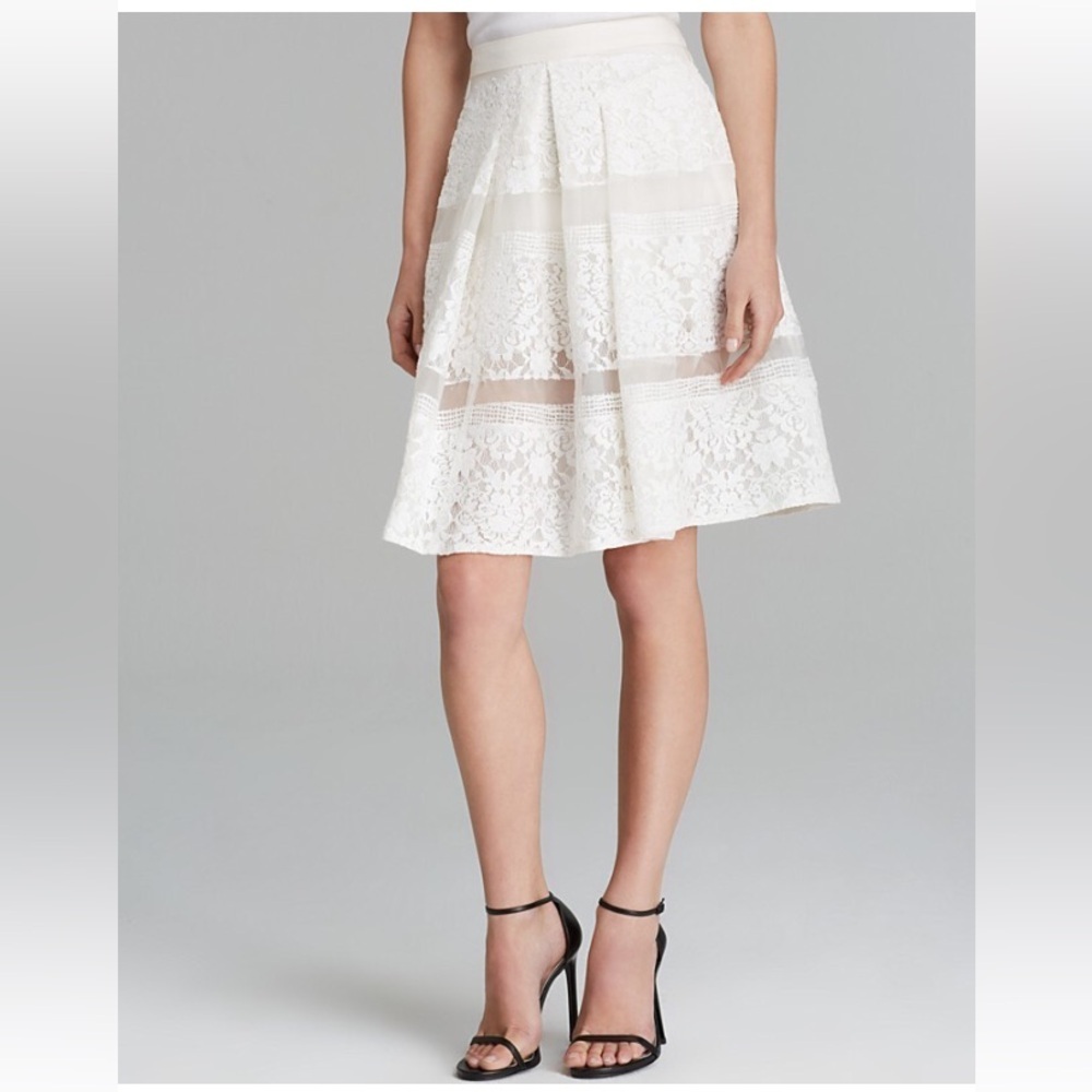 Rebecca Taylor Sheer Lace Pleated A-Line Skirt in white